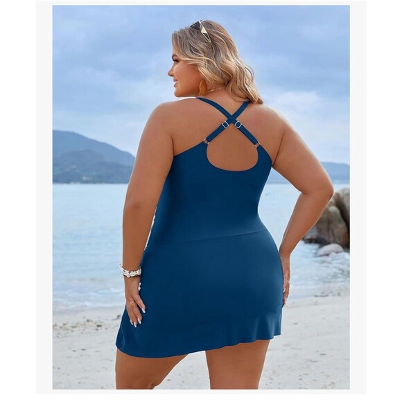 Women's Plus Size Swim Dress Tummy Control Swimsuit Blue size XXL Criss Cross - Picture 3 of 15